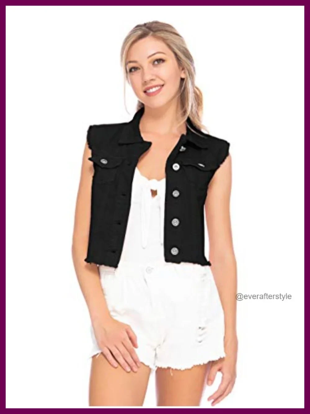 Distressed Denim Sleeveless Crop Vest with Frayed Hem